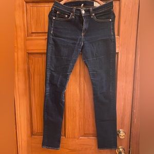 Rag and Bone size 29 high rise skinny jeans. Dark wash, light distressing.